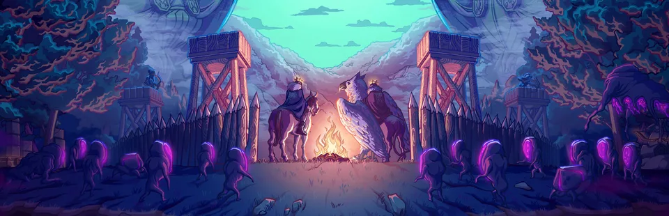 Two crowned monarchs and a griffin at a campfire as the Greed surrounds the walls in Kingdom Two Crowns