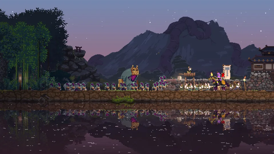 The Shogun realm: subjects carrying a gold chest past the Greed in Kingdom Two Crowns