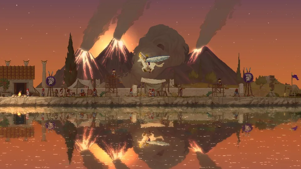 Pegasus flying past erupting volcanoes above a settlement in Kingdom Two Crowns: Call of Olympus