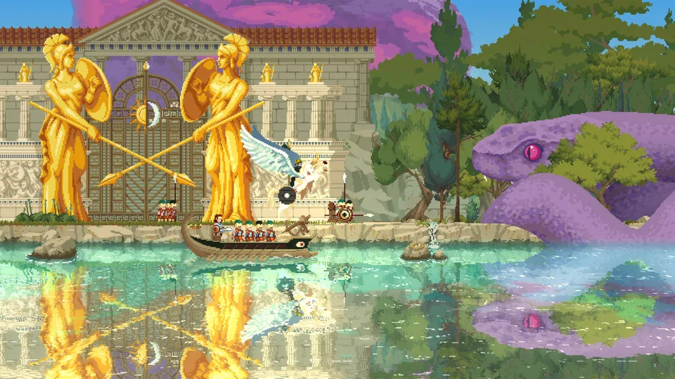 Monarch on a pegasus before golden statues while a sea serpent watches in Kingdom Two Crowns: Call of Olympus