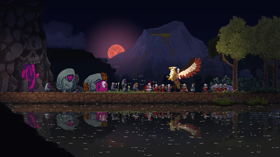 Night defense against the Greed under a blood moon in Kingdom Two Crowns