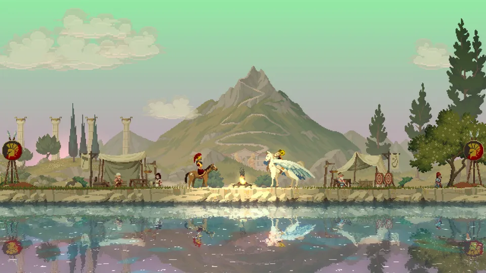 Call of Olympus camp with a pegasus, horses and archery targets in Kingdom Two Crowns