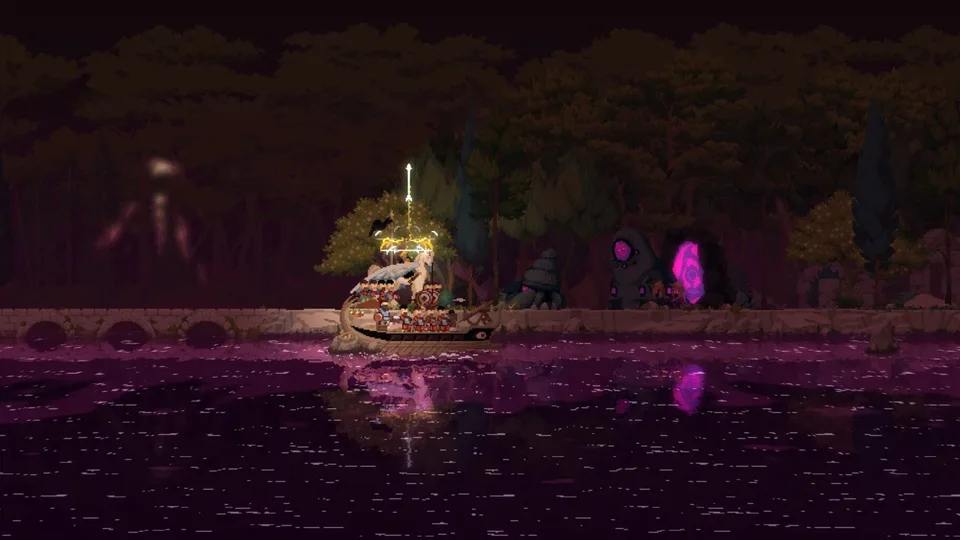 Boat docked at night with a glowing crown lantern near portals in Kingdom Two Crowns