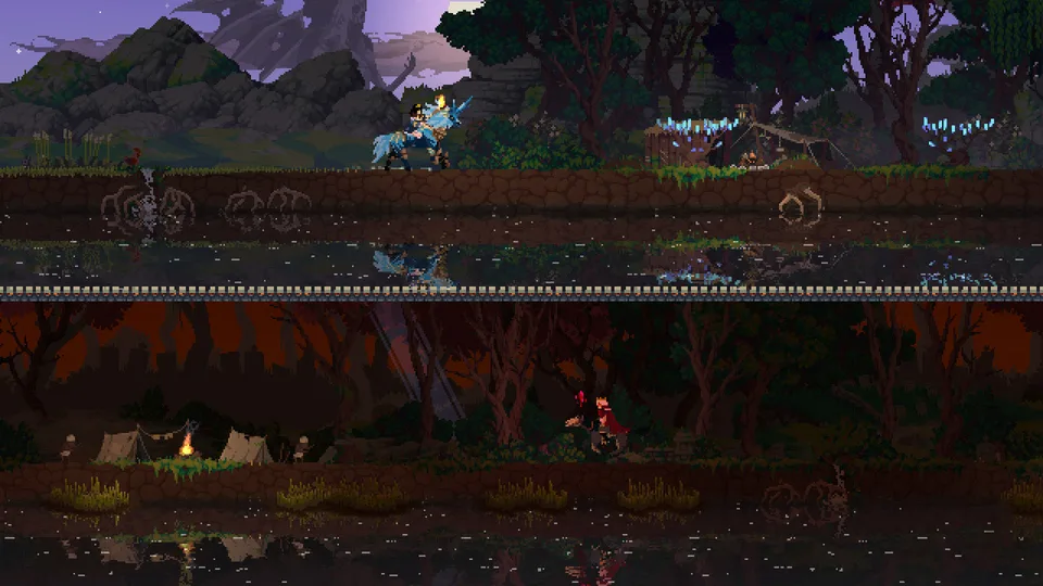 Riding through a forest kingdom at dusk in Kingdom Two Crowns